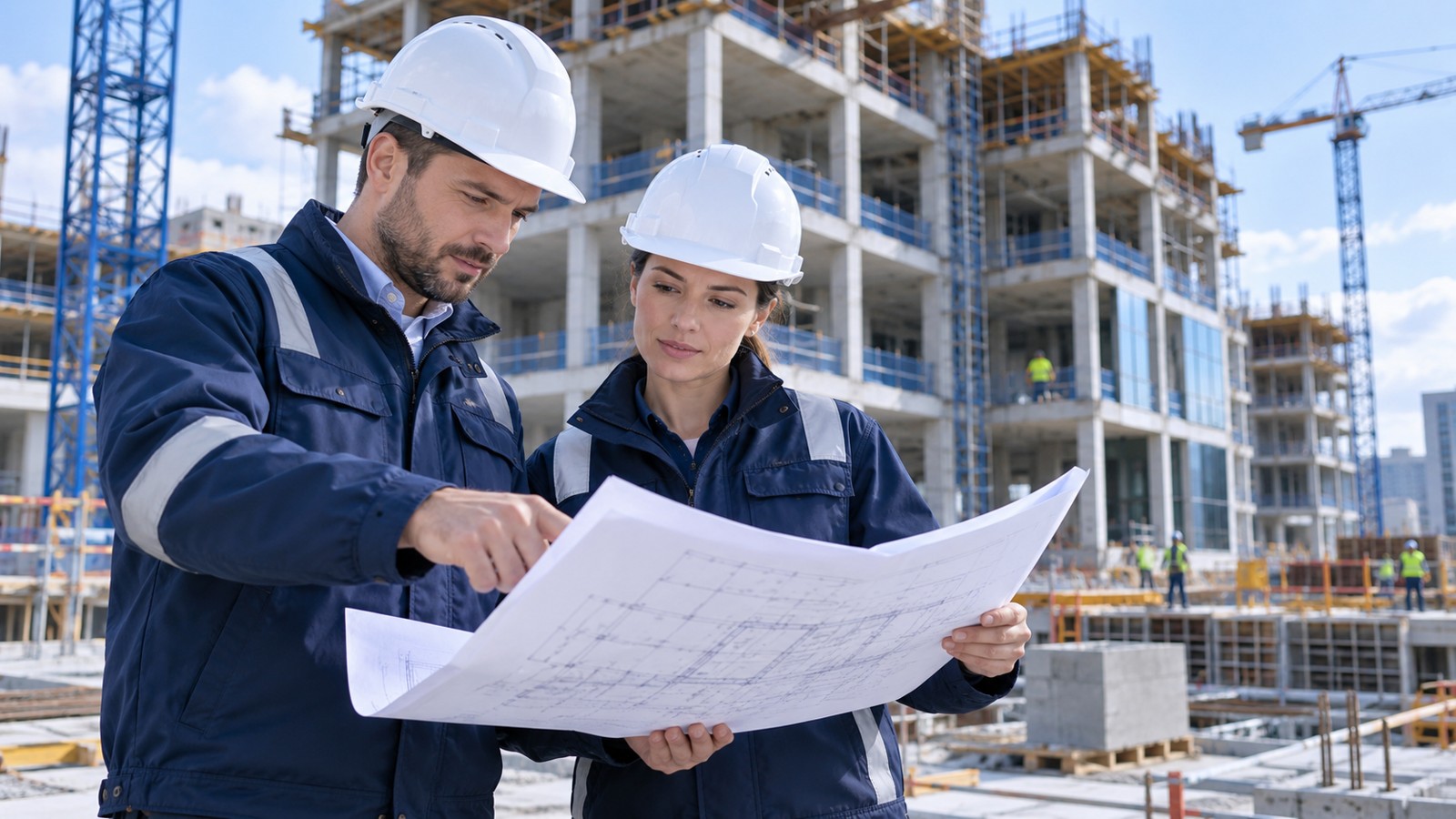 Engenheiros acompanhando obra de construção civil